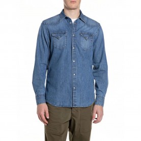 Риза с дълъг ръкав Replay M4023T.000.26C 10B long sleeve shirt - Blue (Medium Blue) риза,с,дълъг,ръкав,дамски,ризи,мъжки,ризи,replay,m4023t.000.26c,10b,long,sleeve,shirt,blue,(medium,blue)