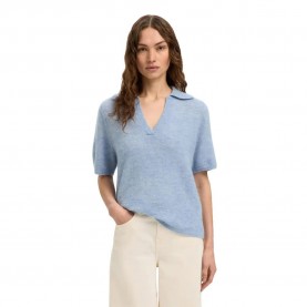 блуза,дамски,пуловери,дамски,плетени,дрехи,selected,lulu,knit,polo,short,sleeve,sweater,blue,(cashmere,blue,melange)