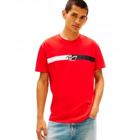 Тениска Tommy jeans Signature Stripe Regular Fit short sleeve T-shirt - Red (Rapid Red) тениска,мъжки,тениски,дамски,тениски,tommy,jeans,signature,stripe,regular,fit,short,sleeve,t,shirt,red,(rapid,red)