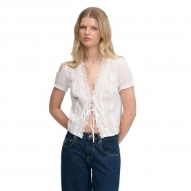 Superdry Lace Trim Tie short sleeve blouse - White (Optic) дамски,блузи,superdry,lace,trim,tie,short,sleeve,blouse,white,(optic)