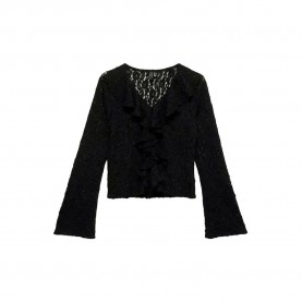 Тениска Vero moda Flora Frill Long Sleeve V Neck T-Shirt - Black (Black) тениска,мъжки,тениски,дамски,тениски,vero,moda,flora,frill,long,sleeve,v,neck,t,shirt,black,(black)