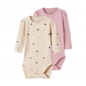 Name it Nutti Long Sleeve Body 2 units - Beige / Pink (Peyote Melange / Heart AOP Burnished Lilac Solid) детски,облекла,за,момичета,name,it,nutti,long,sleeve,body,2,units,beige,pink,(peyote,melange,heart,aop,burnished,lilac,solid)