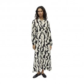 Рокля Vila Jacira long sleeve long dress - White (Birch / Aop Black Graph Pattern) рокля,дамски,поли,и,рокли,vila,jacira,long,sleeve,long,dress,white,(birch,aop,black,graph,pattern)