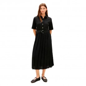 Рокля Tommy hilfiger Gold Button Mix Media short sleeve midi dress - Black (Black) рокля,дамски,поли,и,рокли,tommy,hilfiger,gold,button,mix,media,short,sleeve,midi,dress,black,(black)