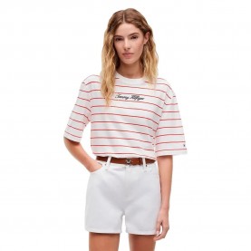 Тениска Tommy hilfiger WW0WW50948 Plus Size short sleeve T-shirt - White (Fine Stp Ecru / Fire Red) тениска,мъжки,тениски,дамски,тениски,tommy,hilfiger,ww0ww50948,plus,size,short,sleeve,t,shirt,white,(fine,stp,ecru,fire,red)