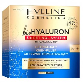 специфични,козметични,продукти,eveline,bio,hyaluron,3xretinol,system,rejuvenating,lifting,day&night,50+,50ml,facial,cream,clear