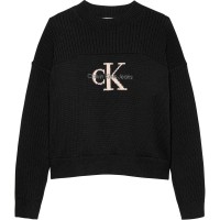 юношеска,блуза,детски,облекла,calvin,klein,jeans,monochrome,logo,knit,crew,neck,sweater,juniors,ck,black,beh