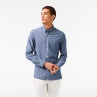 lacoste,slim,fit,concealed,placket,poplin,shirt,blue
