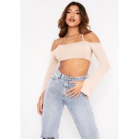 къса,блуза,дамски,топове,missy,empire,bardot,halterneck,strap,split,sleeve,crop,top,beige