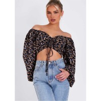 дамски,топове,missy,empire,ruched,balloon,sleeve,cropped,blouse,black