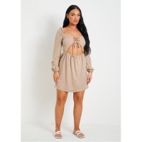 рокля,дамски,поли,и,рокли,missy,empire,up,front,cut,out,long,sleeve,dress,yellow