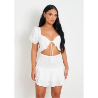 къса,блуза,дамски,топове,missy,empire,shirred,back,tie,front,crop,top,white