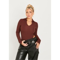 дамски,топове,missy,empire,sleeve,collared,high,leg,bodysuit,chocolate