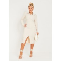 рокля,missy,empire,rib,long,sleeve,collared,midi,dress,cream
