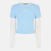 къса,блуза,дамски,топове,kangol,women's,layered,long,sleeve,crop,top,blue