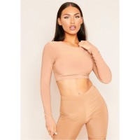 къса,блуза,дамски,топове,missy,empire,sleeve,crew,neck,smooth,crop,top,camel