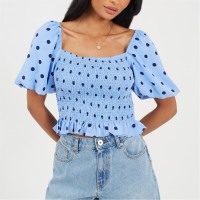 дамски,топове,brave,soul,womens,puff,sleeve,shirred,bust,polka,dot,top,blue,navy