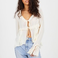 дамска,фланелка,с,дълъг,ръкав,brave,soul,bs,womens,long,sleeve,frill,top,with,front,tie,detail,cream