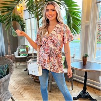 фланелка,с,къс,ръкав,дамски,топове,ax,paris,multi,paisley,print,wrap,short,sleeve,belted,top,multi