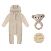бебешки,облекла,hello,world,baby,boy,bear,romper,and,rattle,gift,beige