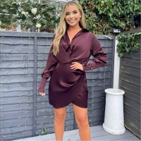 рокля,дамски,поли,и,рокли,ax,paris,satin,wrap,shirt,dress,plum