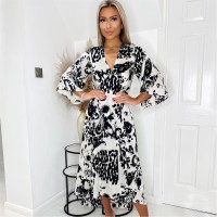 рокля,дамски,поли,и,рокли,ax,paris,black,and,cream,printed,v,neck,bell,sleeve,midi,dress,black,cream