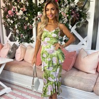 рокля,дамски,поли,и,рокли,ax,paris,green,floral,satin,ruffle,midi,dress,green