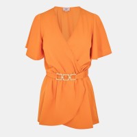 фланелка,с,къс,ръкав,дамски,топове,ax,paris,short,sleeve,wrap,belted,top,orange