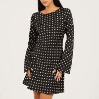 дамска,рокля,дамски,поли,и,рокли,brave,soul,bs,womens,long,bell,sleeve,polka,dot,mini,dress,black,cream