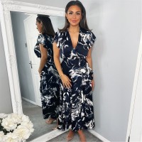 рокля,дамски,поли,и,рокли,ax,paris,marble,print,short,sleeve,ruffle,midi,dress,navy