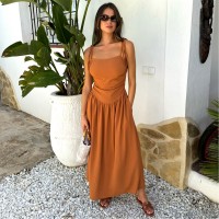 рокля,дамски,поли,и,рокли,ax,paris,drawstring,tie,straps,ruched,top,midi,dress,rust