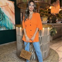 дамски,ризи,ax,paris,orange,button,up,ruched,detail,smock,v,neck,top,orange