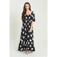 рокля,дамски,поли,и,рокли,be,you,shirred,puff,sleeve,midi,dress,blk,spot