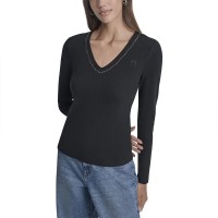 тениска,дамски,тениски,dkny,rhinestone,long,sleeve,v,neck,t,shirt,black,gunmetal,black