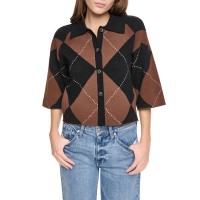 жилетка,мъжки,пуловери,дамски,пуловери,dkny,fuzzy,argyle,elbow,cardigan,brown,(black,chestnut,black)