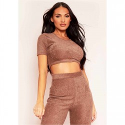 къса,блуза,дамски,топове,missy,empire,towelling,cap,sleeve,crop,top,mocha