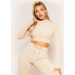 къса,блуза,дамски,топове,missy,empire,high,neck,tie,back,long,sleeve,crop,top,nude