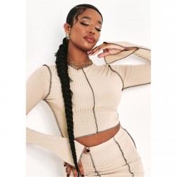 къса,блуза,дамски,топове,missy,empire,stitch,slit,sleeve,ribbed,crop,top,stone