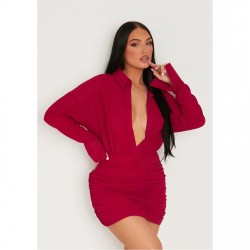 пола,дамски,поли,и,рокли,missy,empire,sleeve,plunge,front,ruched,skirt,mini,dress,burgundy