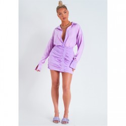 пола,дамски,поли,и,рокли,missy,empire,sleeve,plunge,front,ruched,skirt,mini,dress,lilac