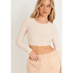 къса,блуза,дамски,топове,missy,empire,sleeve,crew,neck,smooth,crop,top,stone