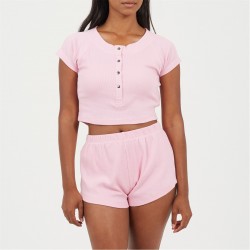 Дамски комплект Brave Soul Womens Lounge Set with Henley Cropped Tee & Matching Shorts - Pink дамски,комплект,дамски,пижами,brave,soul,womens,lounge,set,with,henley,cropped,tee,&,matching,shorts,pink