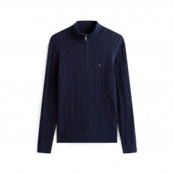 Tommy Hilfiger Mens Cotton 1/4-Zip Mock-Neck Cable Knit Jumper - Navy tommy,hilfiger,men,s,cotton,1,4,zip,mock,neck,cable,knit,jumper,navy