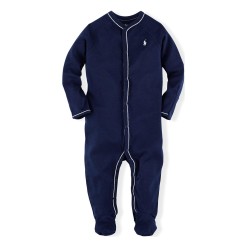 Polo Ralph Lauren Girls Floral Trim Cotton Sleepsuit - French Navy polo,ralph,lauren,girls,floral,trim,cotton,sleepsuit,french,navy