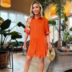рокля,дамски,поли,и,рокли,ax,paris,frill,detail,gold,button,front,shirt,dress,orange