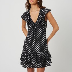 дамска,рокля,дамски,поли,и,рокли,brave,soul,bs,womens,mini,polka,dot,dress,with,frill,detail,black,cream