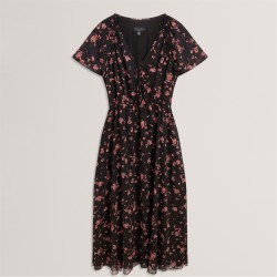 Рокля Ted Baker Ted Baker Print Midi Dress - Black рокля,дамски,поли,и,рокли,дамски,облекла,размер,ted,baker,ted,baker,print,midi,dress,black