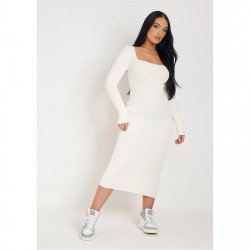 рокля,промоция,на,зимни,облекла,дамски,плетени,дрехи,missy,empire,square,neck,long,sleeve,midi,dress,cream