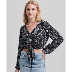 дамски,блузи,дамски,ризи,superdry,vintage,tie,front,long,sleeve,blouse,black,tiger,print,(black)