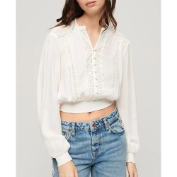 Superdry Lace Trim Smocked long sleeve blouse - Beige (Ecru) дамски,блузи,superdry,lace,trim,smocked,long,sleeve,blouse,beige,(ecru)